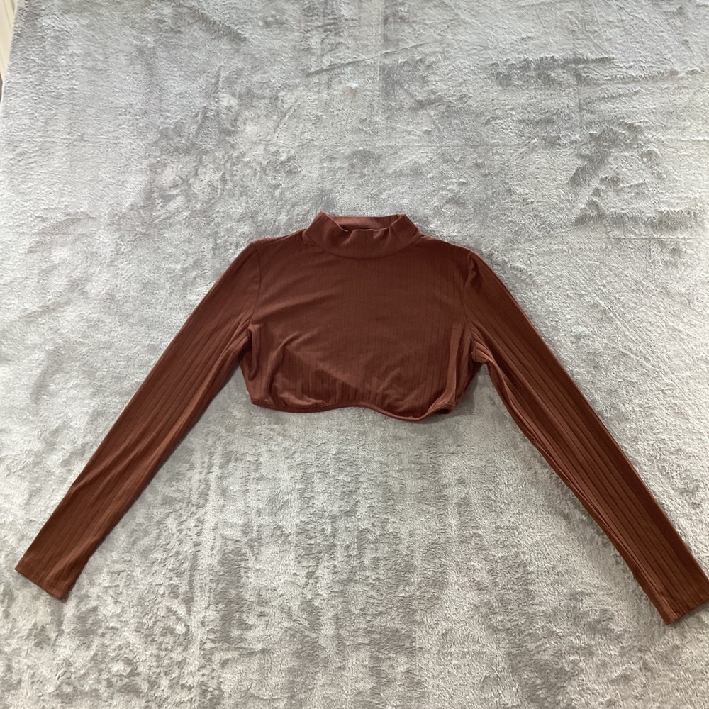 SHEIN Crop Top Womens Size M Brown Ribbed Mock Neck Long Sleeve Casual Capsule